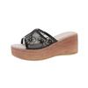 Fashion Women's Slope Heel Sandals Summer New Round Head Open Toe Net Cloth Embroidery Thick Sole Non-slip High-heeled Slippers