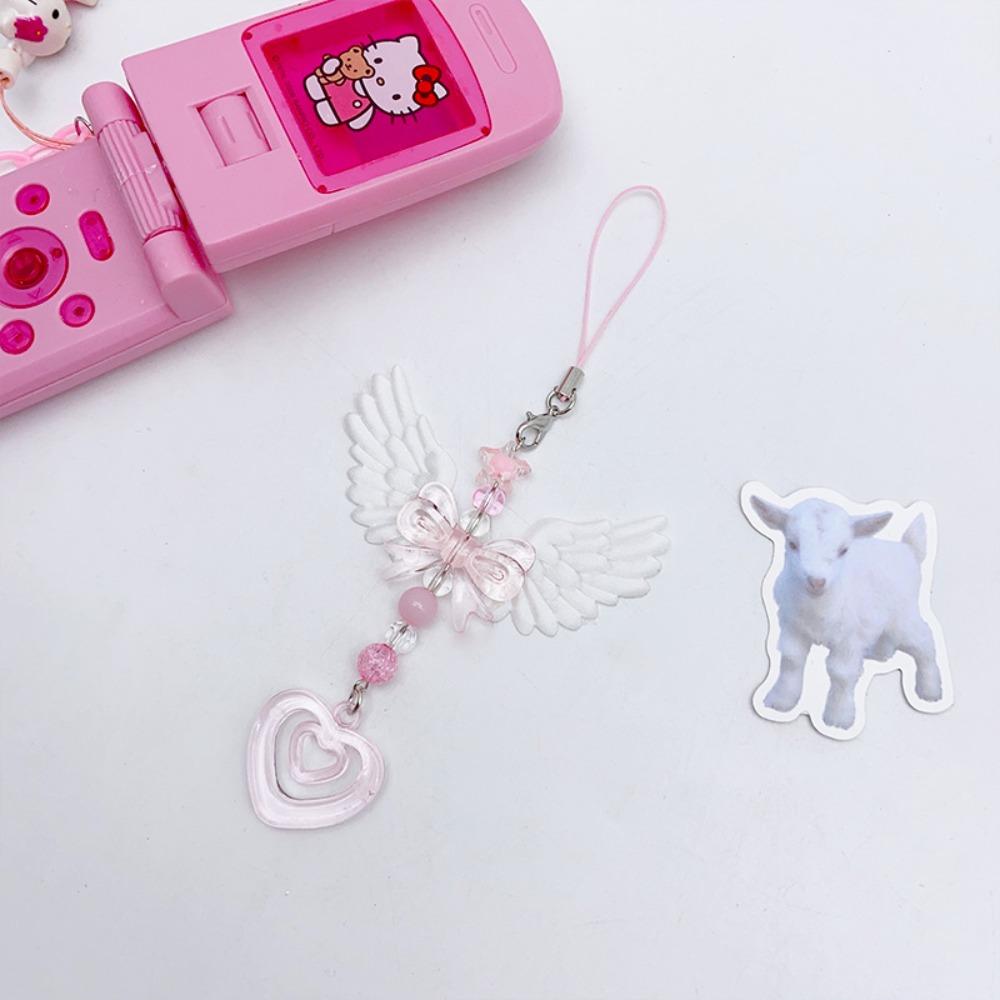 Cute Trendy Pink Bow Tie White Angel Wings Double Hearts String Beads Keychain Camera Pendant for Women Backpack Jewelry Gift