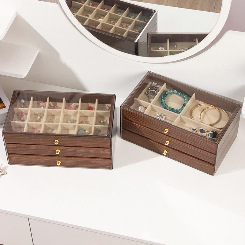 New Walnut Pattern Three-layer Drawer Jewelry Storage Box Ring Earrings Earrings Necklace Bracelet Jewelry Storage Box