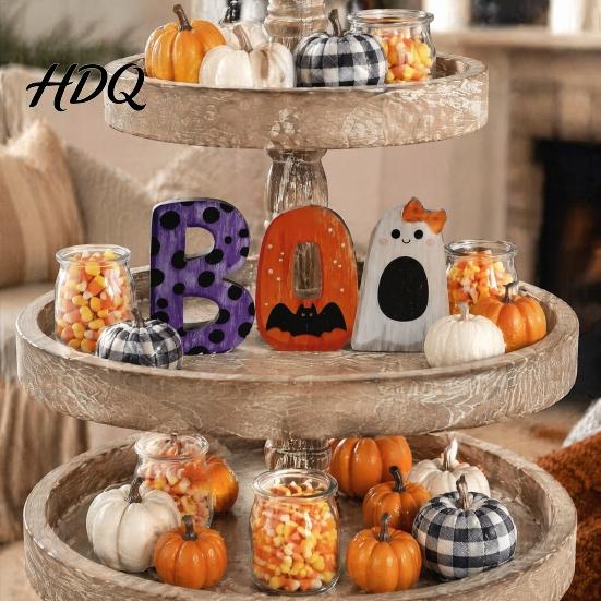 Playful Halloween Desktop Decorations Wooden BOO Ornaments, Lettering Decorations, Rustic Bat Pumpkin Ghost Freestanding Wood Block Set Table