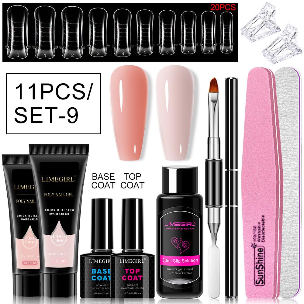 11Pcs Nail Extension Gel Kit - Clear/Nude Polygel Resin for Nail Extension, Acrylic Liquid, U-Shape Nail Forms, Brush, Nail Art Tool Set