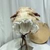 New Christmas Deer Plush Lace-up Pullover Hat Women Sweet Cute Antlers Keep Warm Beanies Winter Plush Ear Protection Bucket Cap