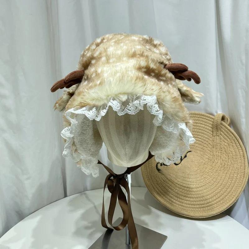 New Christmas Deer Plush Lace-up Pullover Hat Women Sweet Cute Antlers Keep Warm Beanies Winter Plush Ear Protection Bucket Cap