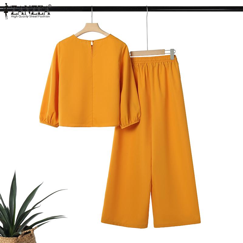 ZANZEA Damen 3/4-Ärmel Print Bluse und Hose Lässige zweiteilige Anzugsets