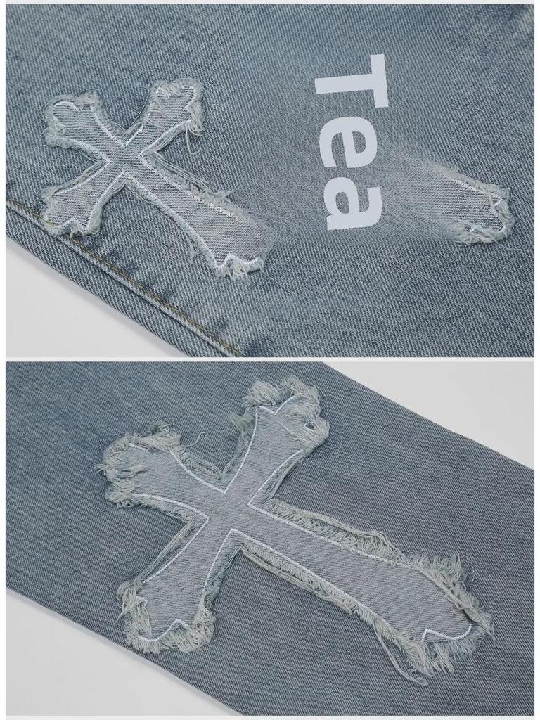 Herren Retro Straight Jeans mit Kreuzstickerei - Hip Hop Stil