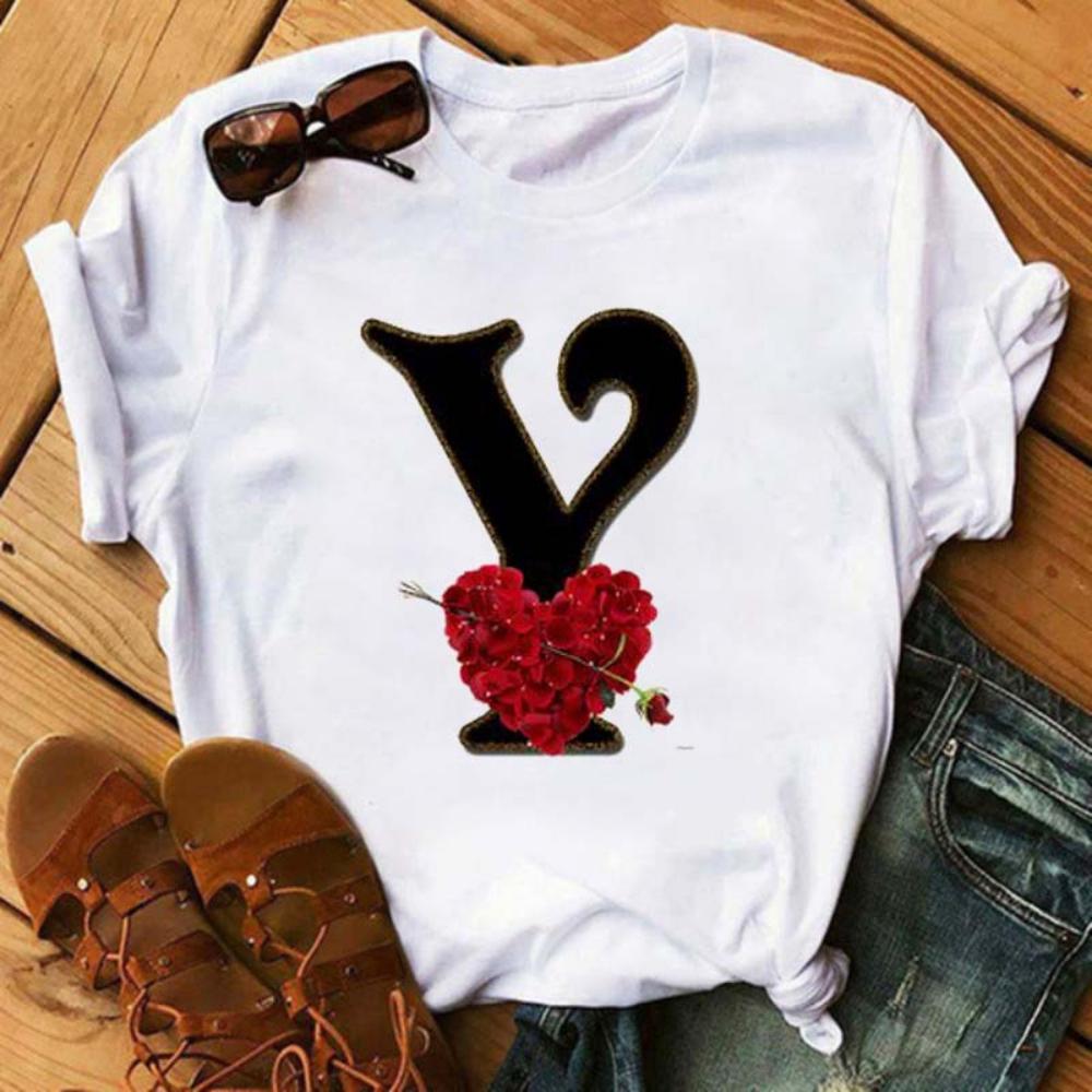 Rose ABC Alphabet Graphic Print White Tee Women Casual Loose Oversize Shirt Top Daily Wear Durable Plus Size Short Sleeve