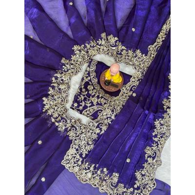 Premium Fandy Satin  with C Pallu Embroidery Work and Silver Zari Thread Work with Arco Cut Work Border Saree