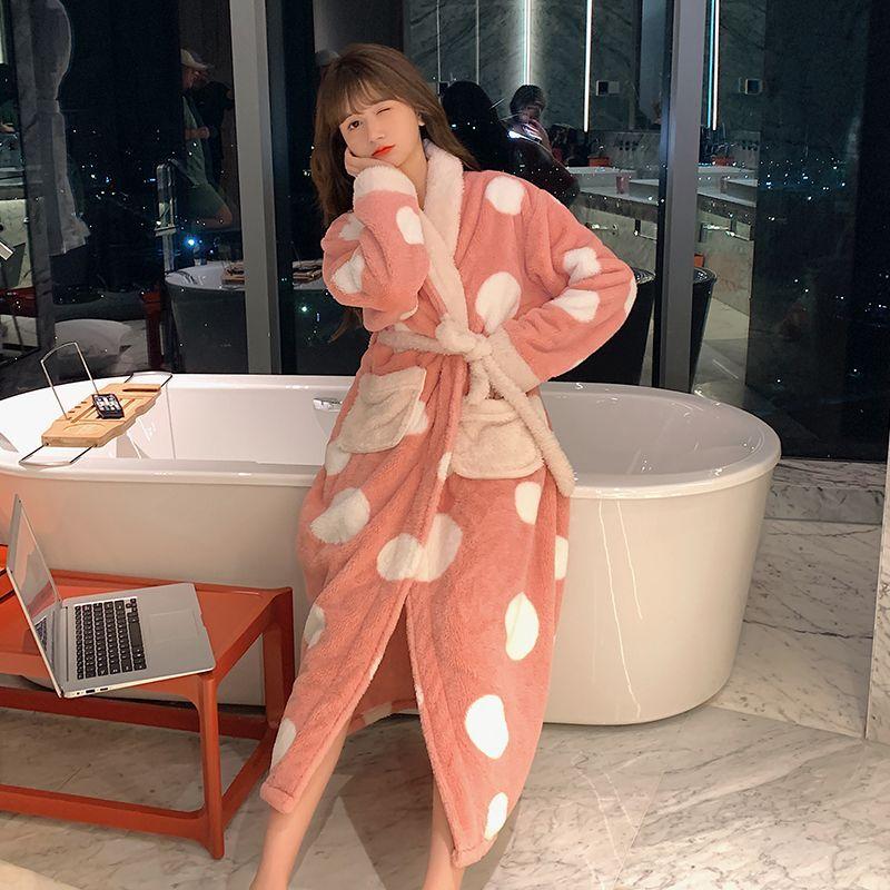 Langer Bademantel aus Korallenfleece für Damen, Winter-Kimono, warmer Flanell-Bademantel, bequemer Schlafanzug für die Nacht, Morgenmantel, Übergröße