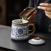 400ml Blue and White Ceramic Tea Mug with Lid – Handmade Floral Coffee Cup, Traditional Chinese Design for Home and Office