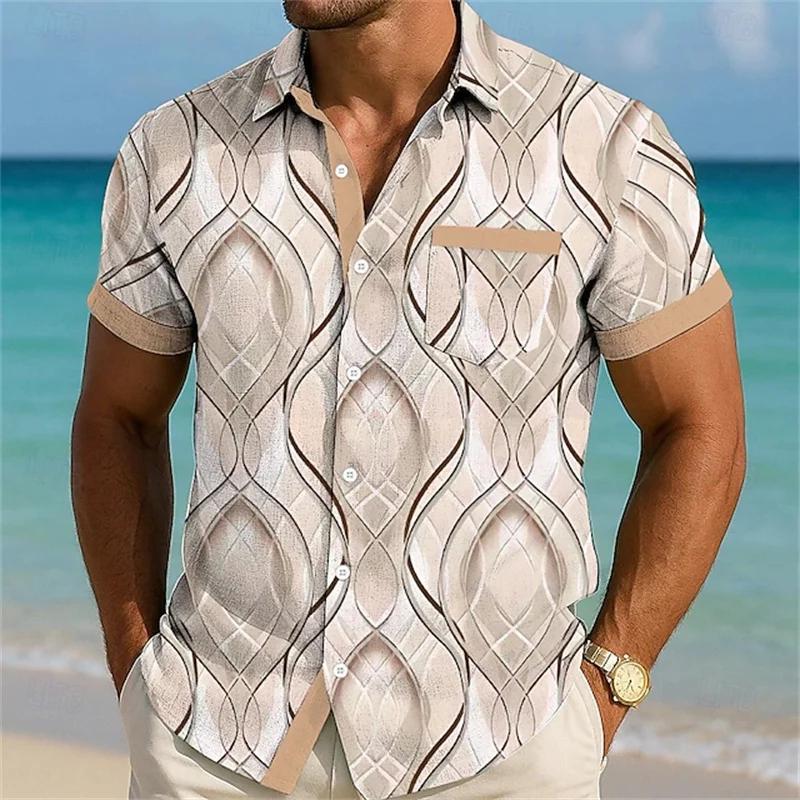 Fashion Casual Men's Geometric Color Block Sleeve Daily Shirt Button Up Shirt Casual Daily InSummer