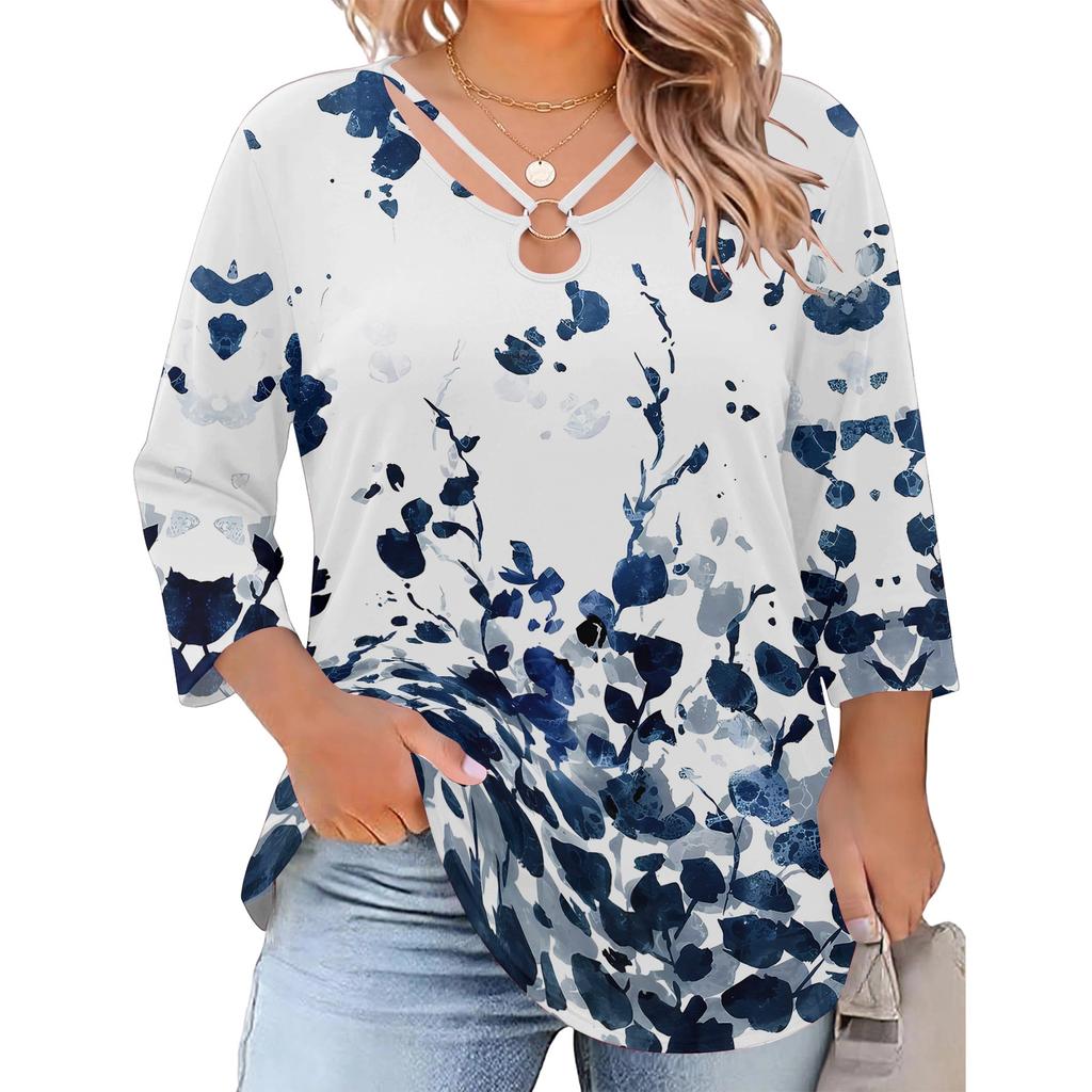 Women's Plus Size Floral Print 3/4 Sleeve Casual Top, Fashionable Loose Fit Blouse for Everyday Wear and ,