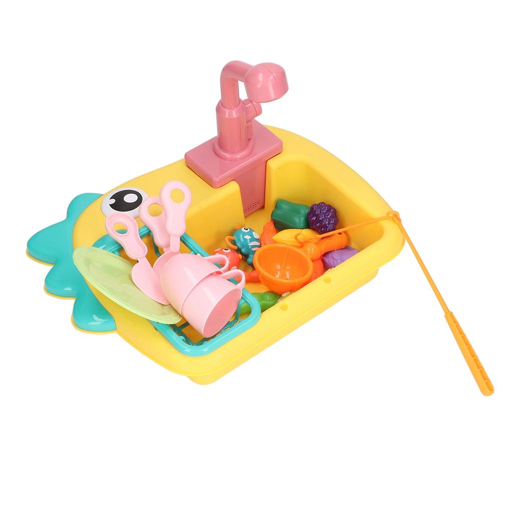 2 in 1 Play Kitchen Sink Toys with Running Water Automatic Faucets Pretend Dinosaur Fishing Toys