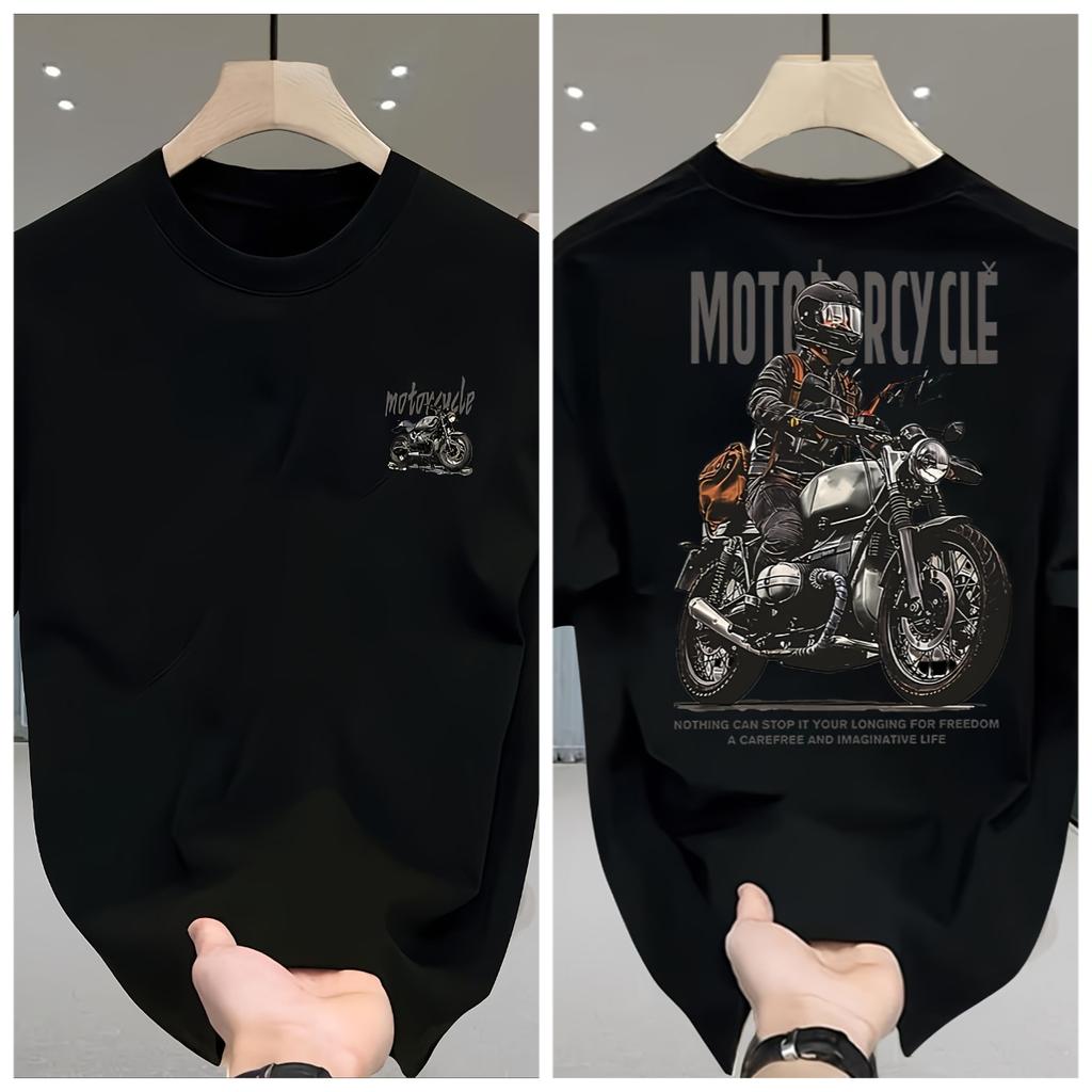 Mens Heavyweight 100 Pure Cotton Retro Motorcycle Pattern Tshirt Breathable Round Neck Short Sleeved Casual Summer Tshirt