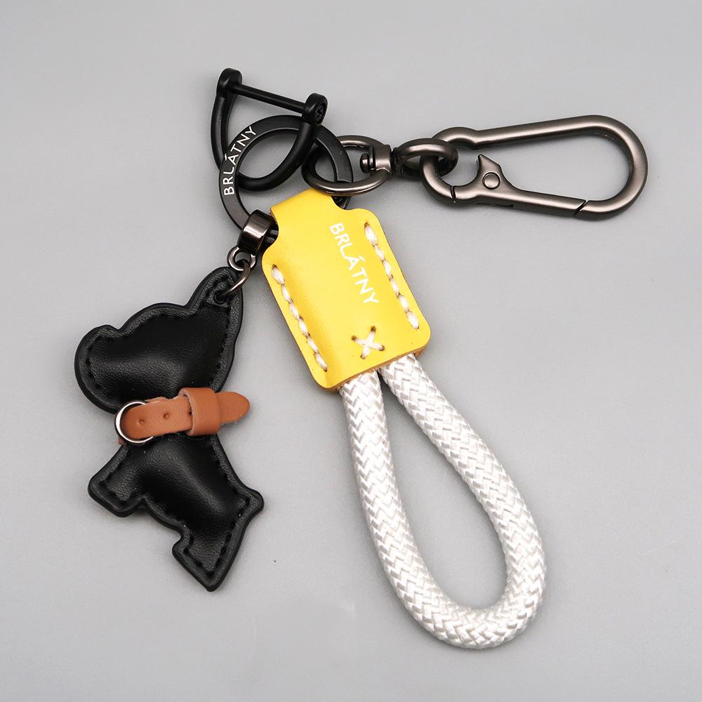Handmade French Bulldog Genuine Leather Keychain with Anti-Lost Woven Rope Lanyard.