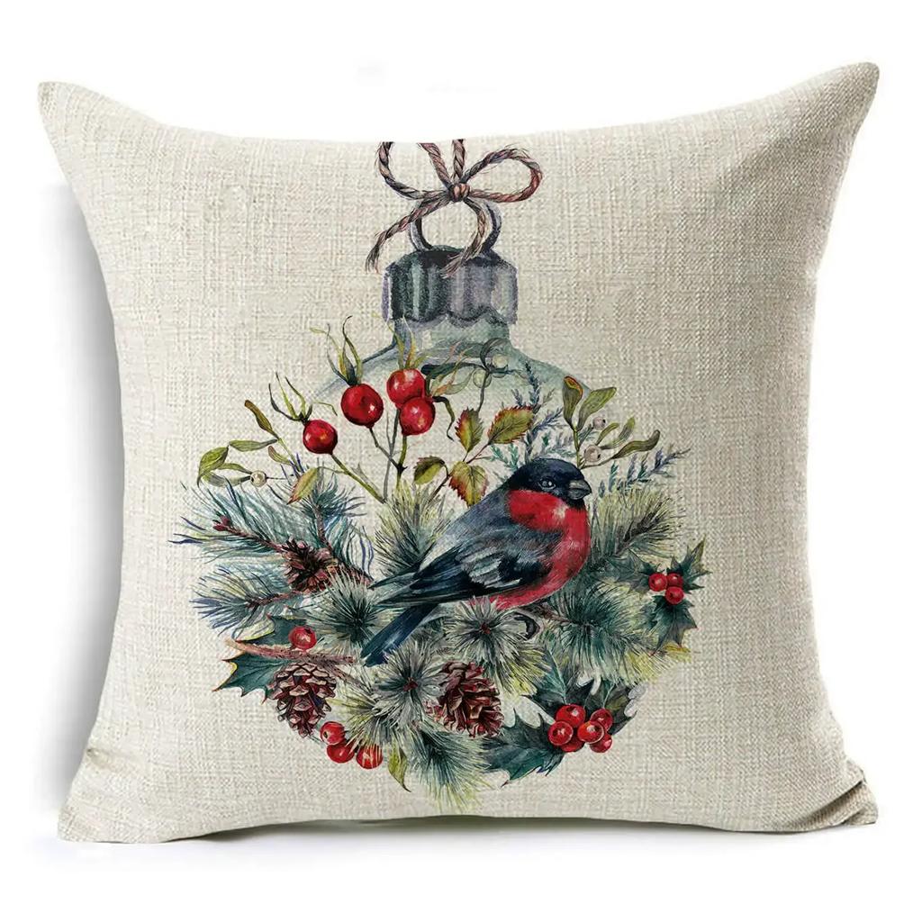 45*45Cm Merry Christmas Cushion Cover Birds Garland Pillowcase Single Sided Print Polyester Sofa Pillow Case For Home Xmas Decor