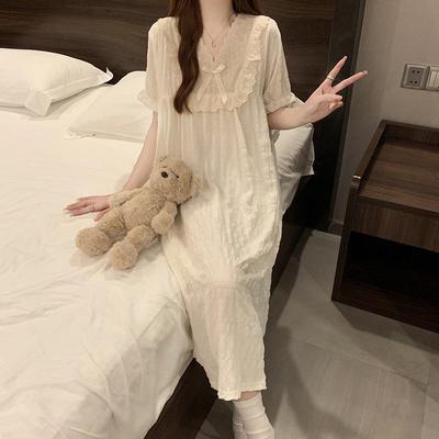 2026 Summer Women's Sweet Lace Cloud Cotton Nightgown - Princess Style Long Loungewear Dress with Lapel