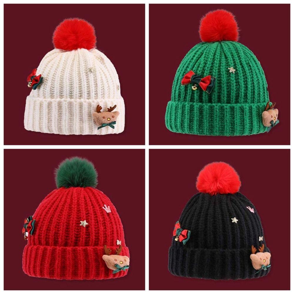 Bow Christmas Plush Cap Soft Thickened Brimless Cap Versatile Red Knitted Woolen Hat  Girls