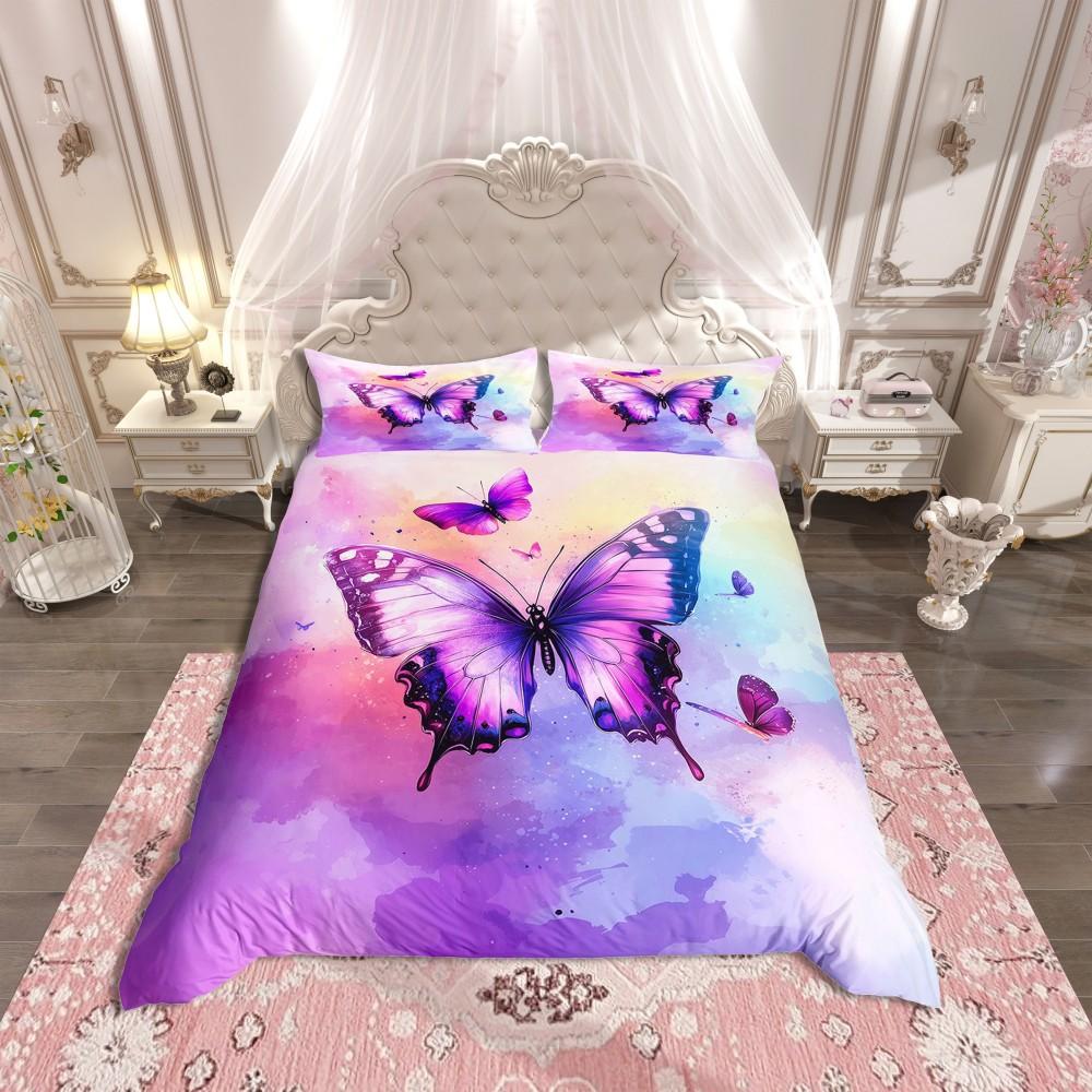 

Comforter Homewish Girls Butterfly Animal Purple Watercolor Bedding Setkawaii Princess Style Reversible Bed Set Comforter (quilt)-EU Single(135*200cm)3pcs