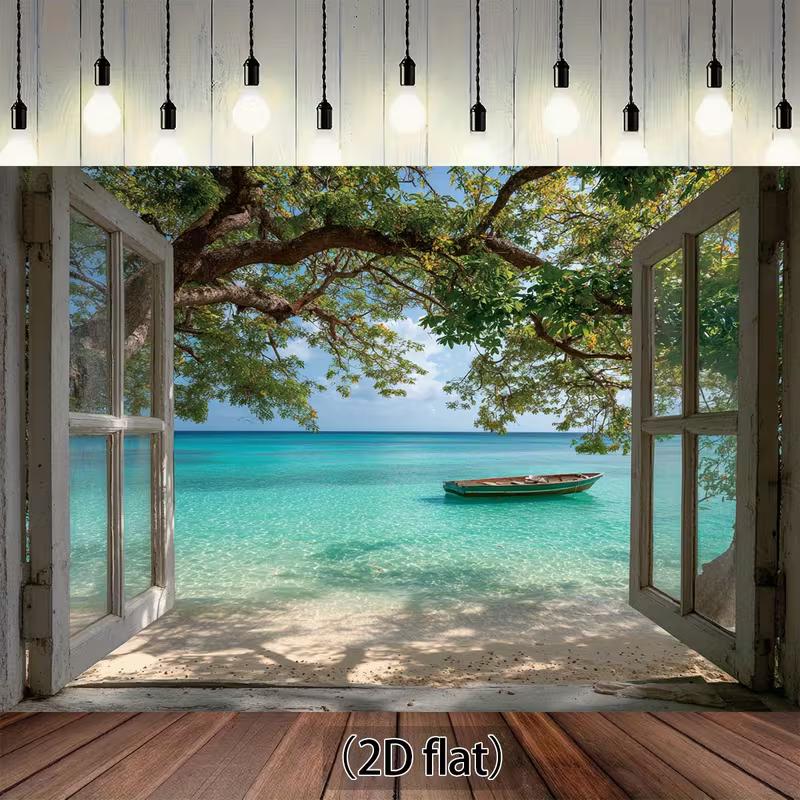 2D Coastal Window View Tapestry, Turquoise Sea & Boat Background Cloth 47.2x31.5inch/120*80cm