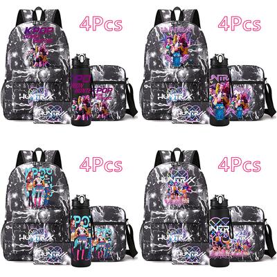 4Pcs/set Anime Cute K-Pop Printed Backpack with 750Ml Water Bottler for Teenager Student Girl Boy Bookbag Kid Gift Large Capacity Travel Bag Mochila