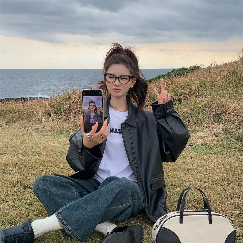 

Осенне-зимний кардиган-пальто из ПУ кожи с воротником-поло для женщин, повседневный модный универсальный жакет на молнии, верхняя одежда M чёрный