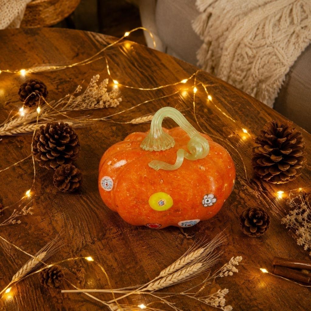 Hand Blown Glass Pumpkin Ornament with Swirled Stem for Table Centerpiece Fall Harvest Party Home Decor Display