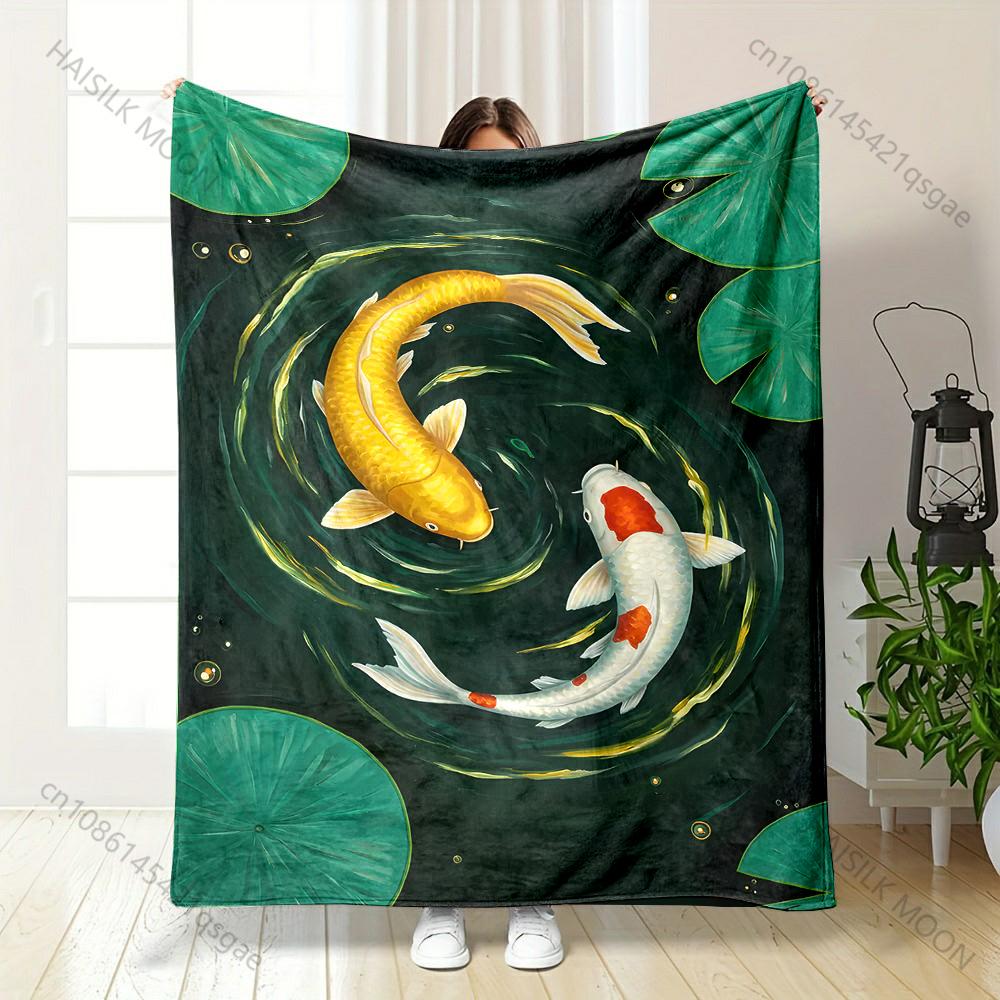 Multiple Sizes Two Koi Swimming Print Blanket Warm Soft Suitable for All Seasons for Home Sofa Travel Camping Picnics RV