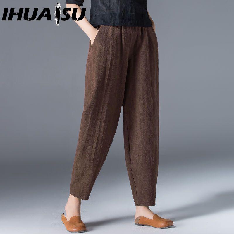 IHUASU 9 barev Objednejte o dvě čísla větší, Dámské letní ležérní volné bavlněné lněné harémové kalhoty s elastickým pasem, Slim kalhoty, Devítidélkové kalhoty