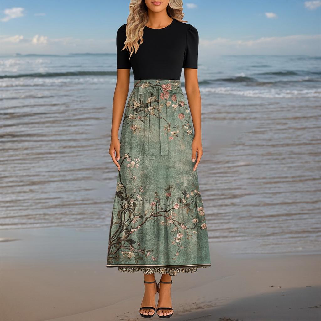Women's Fashionable Casual Belt Short Sleeved Round Neck Print Elegant Temperament Dress