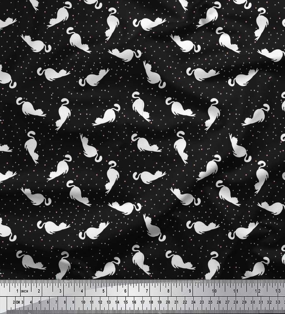 Soimoi Black Poly Crepe Fabric Floral & Cat Animal Print Fabric by the Yard 42 Inch