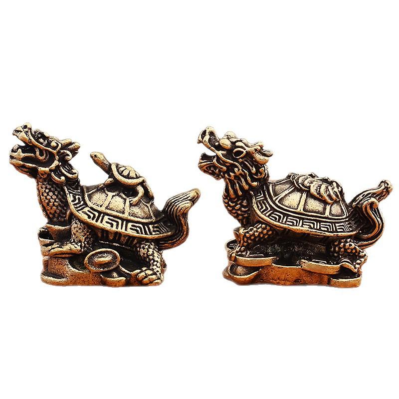 Dragon Turtle and Its Mother, Jade Turtle Figurine. Yellow Copper Turtle. Retro Copper Coin-shaped Turtle. Jade Turtle Coin Tea Table Handicraft.