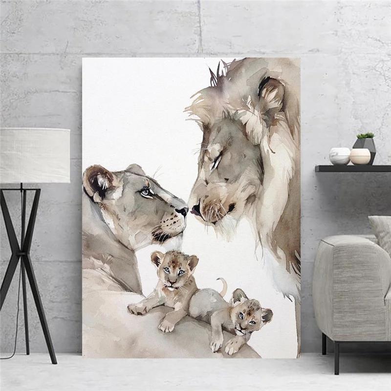 Modern Animal Loving Lion Family Canvas Painting Posters  Prints Wall Art Pictures for Living Room Home Wall Decoration Cuadros