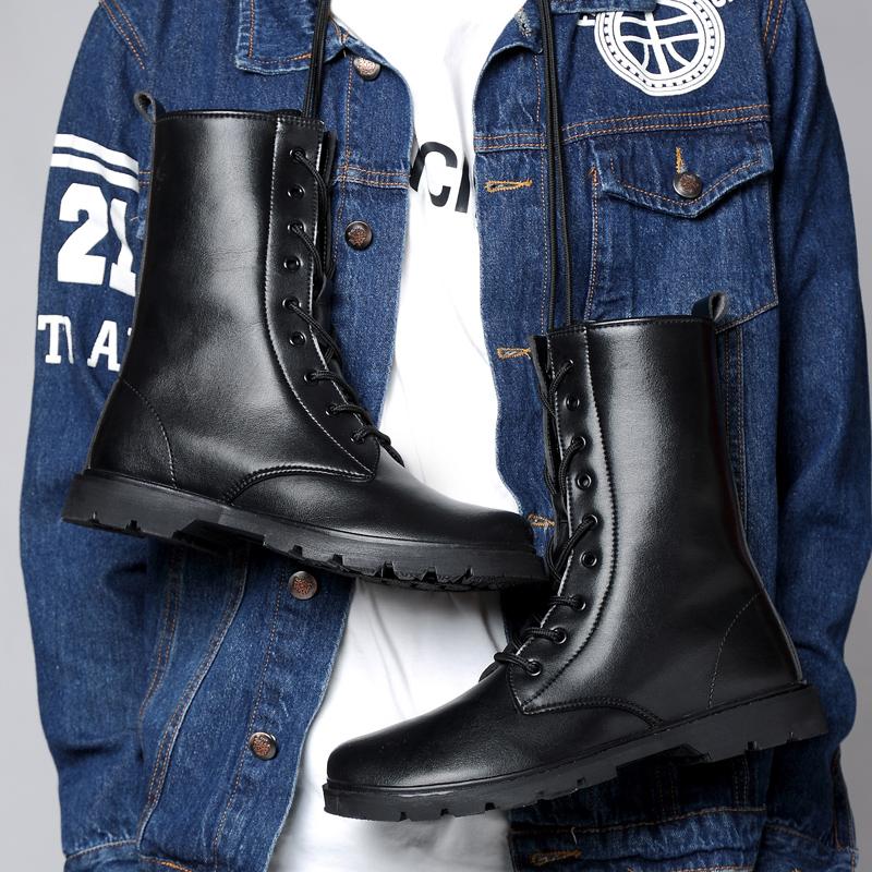 Mode Punk Stil Stiefeletten Outdoor Herren Freizeit Schuhe Schwarz High Top Lederstiefel Winter Fell Warm Schnürstiefel Motorradstiefel