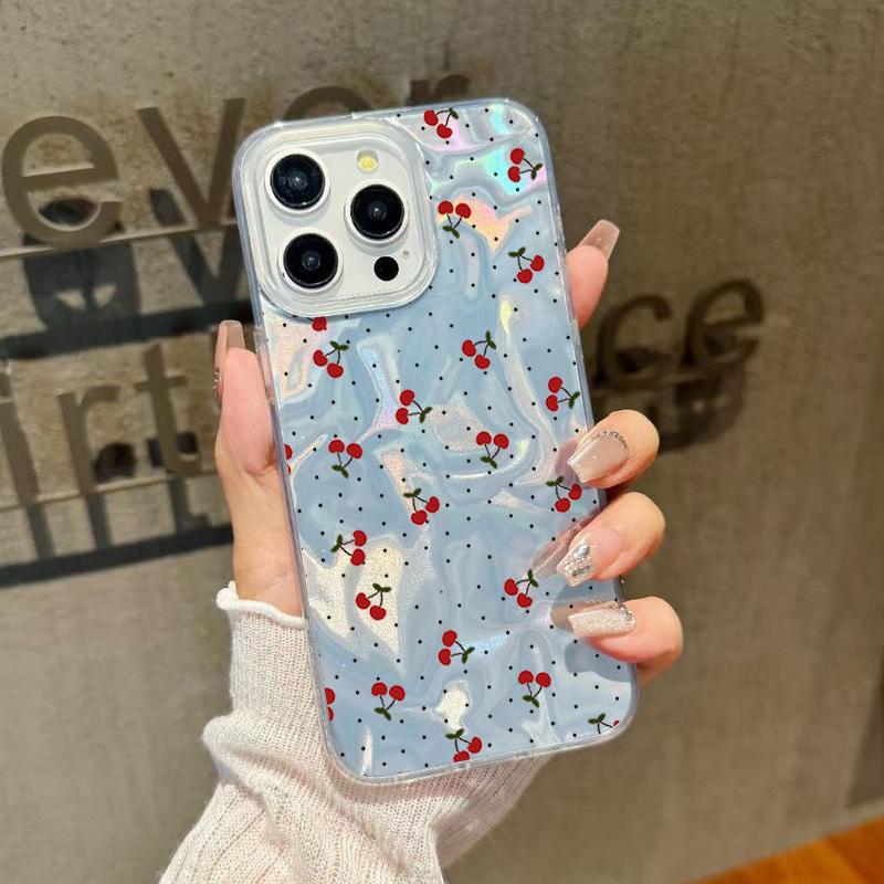 Little Cherry Print Luxury Glitter Case For iPhone 16 Pro Max 15 Pro 14 13 12 11 Hybrid TPU PC Clear Shockproof Slim Phone Cover
