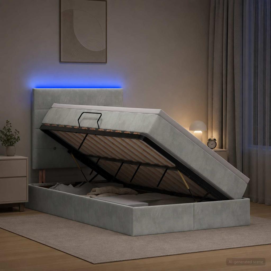 LED Storage Bed with Mattress Light Grey 120 X 200 Cm Velvet