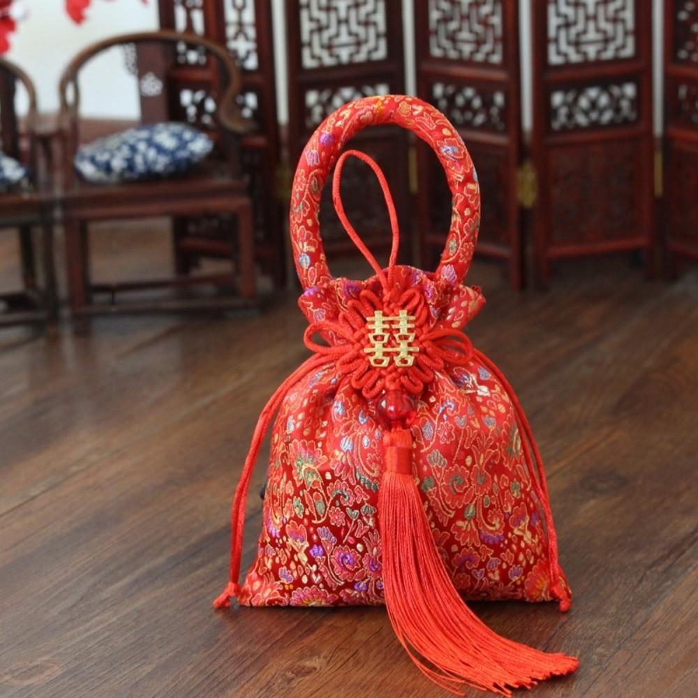 Chinese Style Canvas Flower Drawstring Bag Dragon Phoenix Festive Sugar Bag Storage Bag Korean Style New Year Bucket Bag Wedding