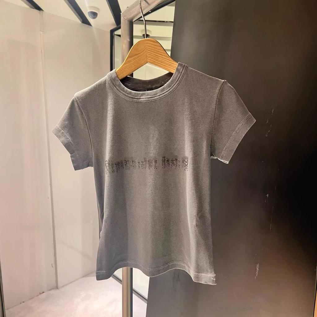 Women's Pink Rhinestone Letter Slim-Fit Round Neck Short Sleeve T-Shirt - Early Spring 2026 Arrival