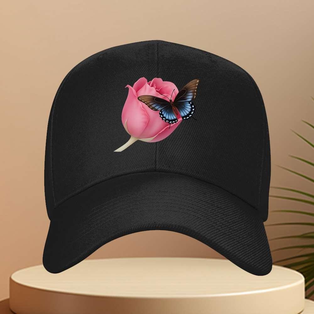 Rose and Butterfly Baseball Cap Adjustable Unisex Polyester Casual Baseball Hat