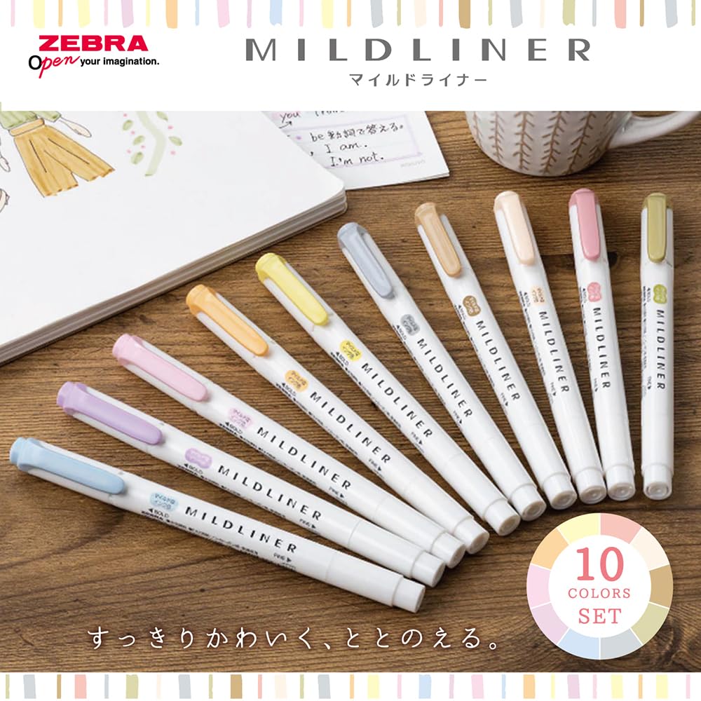 Zebra Mildliner Highlighter Gentle Natural Set Pens, & Mild, 10-Color (WKT7-10C-YNTC)