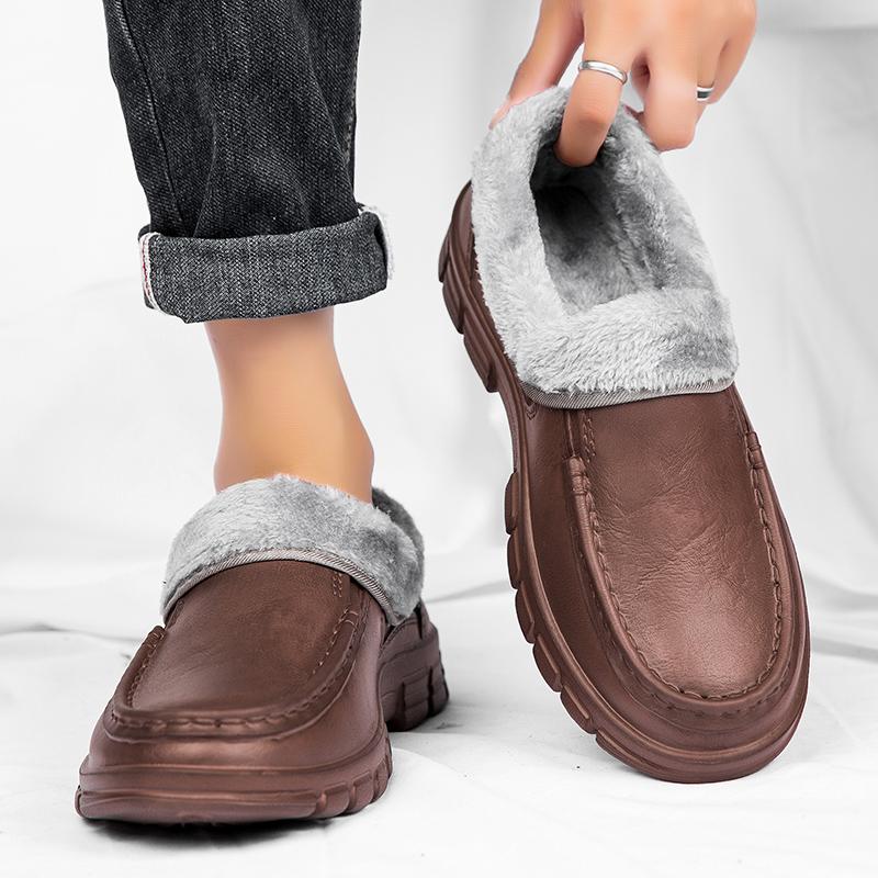 Fashion Men Warm Slippers Fashion Outdoor Slip-On Waterproof Cotton Plush Indoor Home Shoes Non-Slip Thick Platform Slides