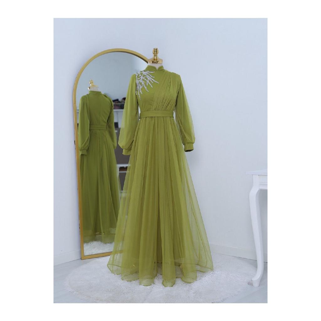 Draped Belted Tulle Evening Dress With Stone Detail On The Front