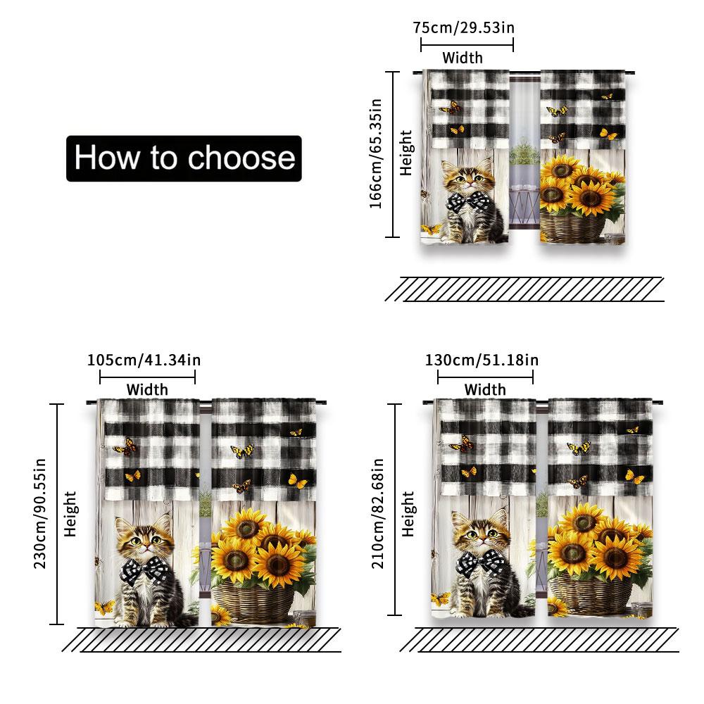 2Pcs Cute Country Cat Sunflower Curtains Rustic Wood Printed Curtains Suitable For Bedroom Bathroom Living Room Dining Room