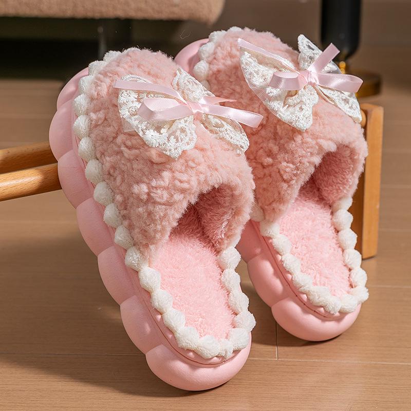 Fashion Woman Retro Fashion Bow Cotton Slippers Female Autumn Winter Indoor Home Slippers 2025 Warm Soft Plush Girls Cotton Footwear