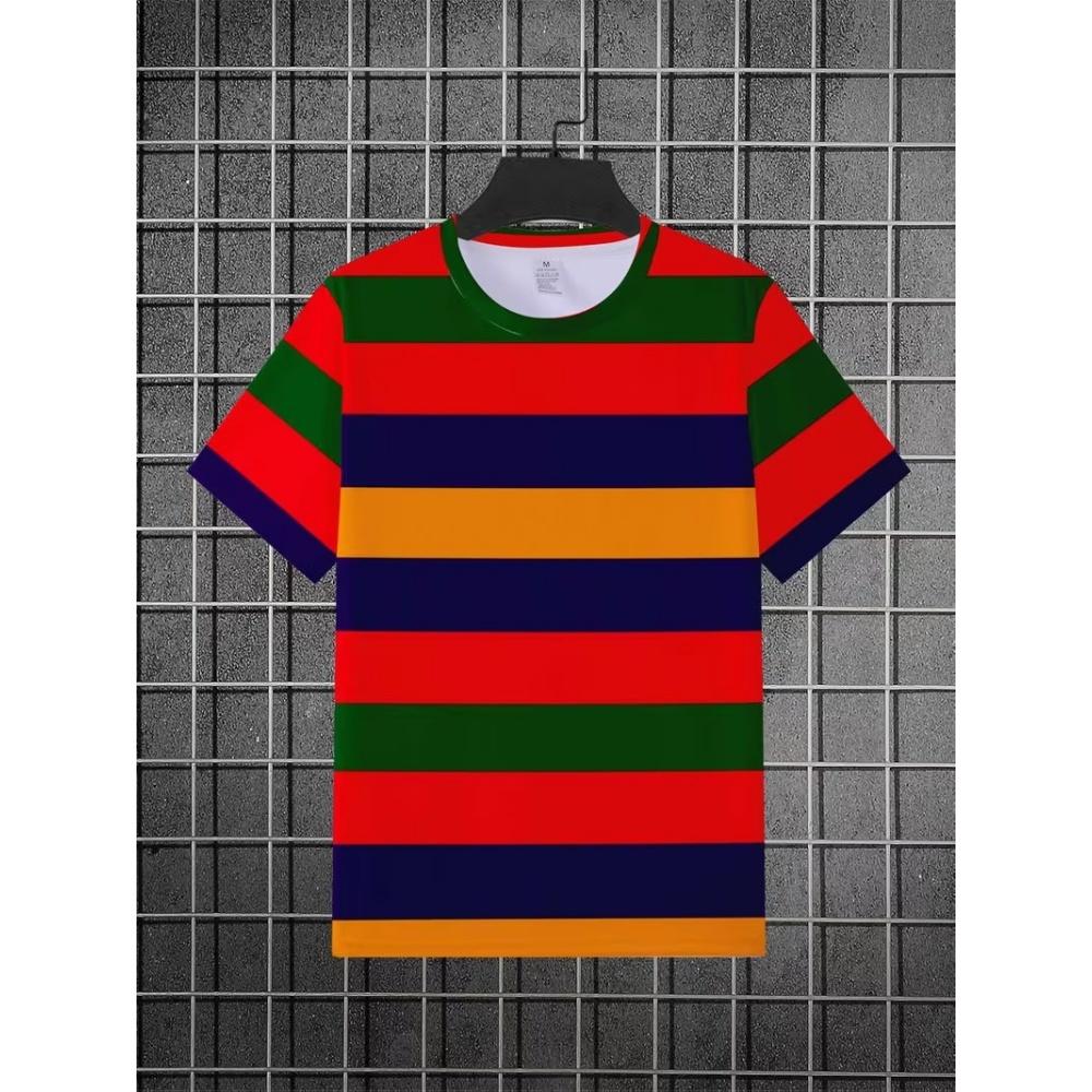 Unisex Striped Short Sleeve T-Shirt, Classic Black White Blue Casual Street Sports Top