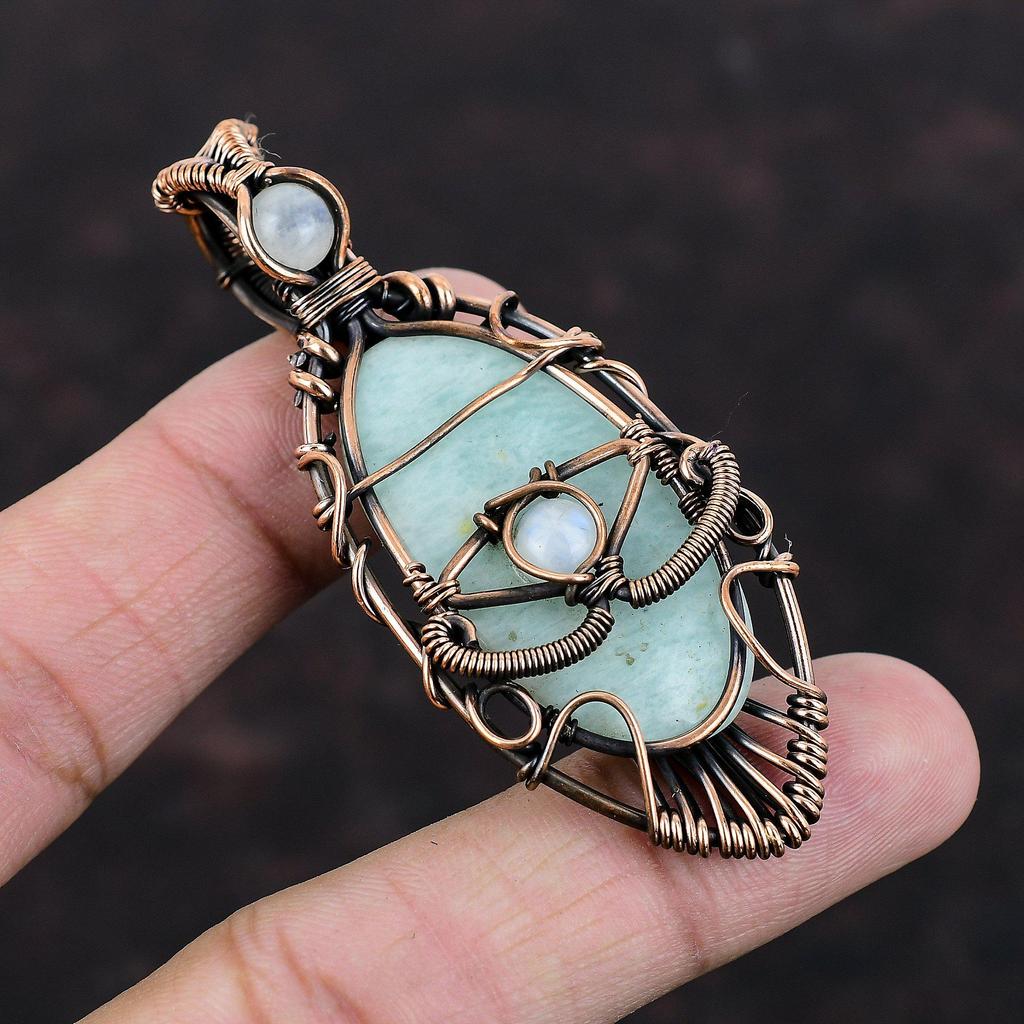 Evil Eye Amazonit Anhänger Kupferdraht gewickelt Anhänger Evil Eye Schmuck Regenbogen Mondstein Edelstein Anhänger Handarbeit Kupfer Schmuck als Geschenk