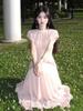 French Gentle Wind Pink Short Sleeve Dress 2026 Giant Good-looking Holiday Style Temperament Waist Long Skirt