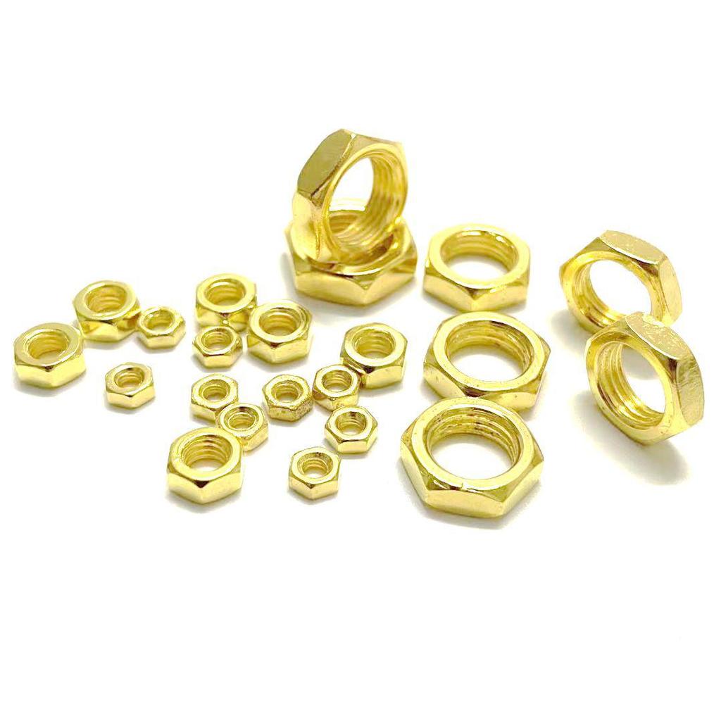 Carbon Steel Zinc Plated Hex Screws with Fine Thread Nuts, Flat Nuts, Threaded Tubes, and Electroplated Gold Coating.