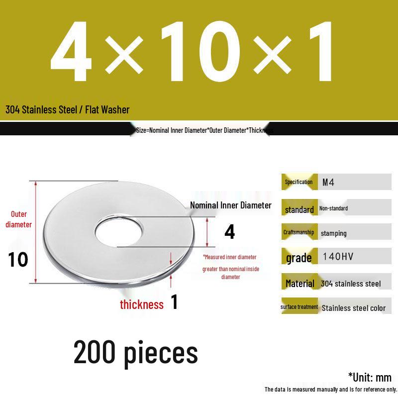304 Stainless Steel Thickened Flat Washer Set, Sizes 2-36