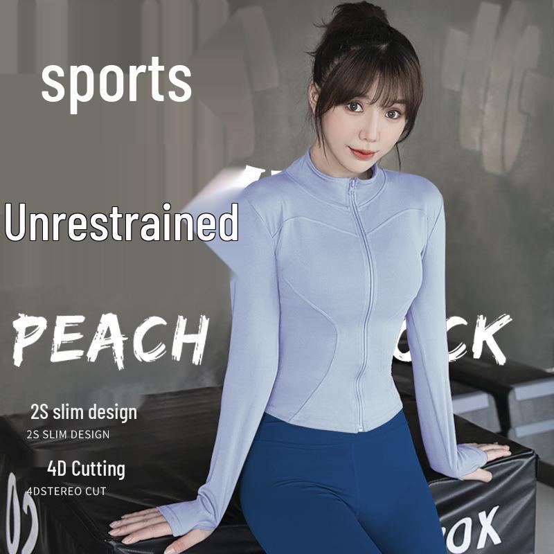Pfirsichfarbene Fitnessjacke: Schnelltrocknendes Langarm-Sportoberteil mit Reißverschluss und Stehkragen für Yoga im Frühling und Herbst