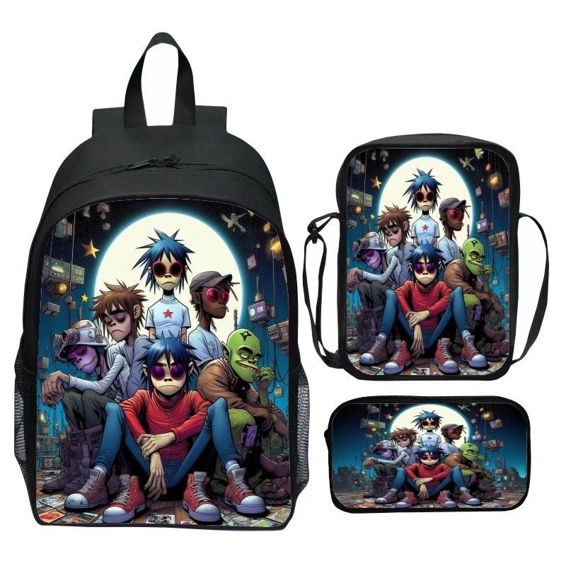 Gorillaz UK Virtual Band Printed Cartoon Backpack 3-Piece Set School Bag Lightweight Large Capacity